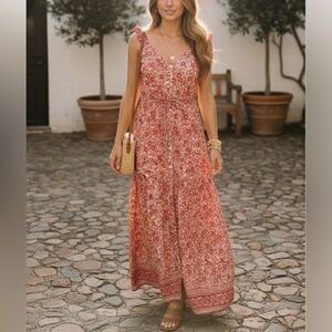 FAHERTY Hyland Maxi Dress Sun Up Block Print Ruffle Floral Organic Cotton